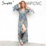 Simplee Boho floral print chiffon split long dress Women beach summer v neck kimono sexy dress Eleagnt sash wrap maxi dresses