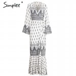 Simplee Boho floral print chiffon split long dress Women beach summer v neck kimono sexy dress Eleagnt sash wrap maxi dresses