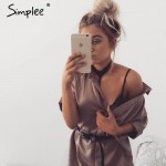 Simplee Casual side split satin dress shirt women Brief loose short sleeve office dress Sexy straight summer dress 2016