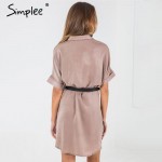 Simplee Casual side split satin dress shirt women Brief loose short sleeve office dress Sexy straight summer dress 2016