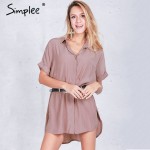 Simplee Casual side split satin dress shirt women Brief loose short sleeve office dress Sexy straight summer dress 2016