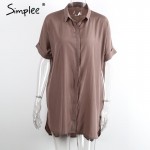 Simplee Casual side split satin dress shirt women Brief loose short sleeve office dress Sexy straight summer dress 2016