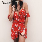 Simplee Cold shoulder ruffle print summer dress women High waist strap chiffon beach dress Boho party sexy dresses