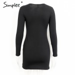 Simplee Elegant hollow out bow bodycon dress Women autumn slim split party sexy dress Winter long sleeve mini dress vestidos