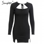 Simplee Elegant hollow out bow bodycon dress Women autumn slim split party sexy dress Winter long sleeve mini dress vestidos