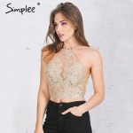 Simplee Elegant white lace crop top Summer beach backless short halter tops Sexy white party camis gauze metallic women tank top