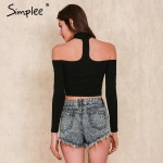 Simplee European style sexy off shoulder black t-shirt women tops long sleeve halter top tees Girl t shirt 90's crop top female