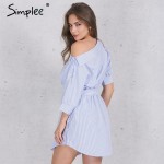 Simplee Fashion one shoulder striped dress shirt Sexy side split beach dress women Elegant half sleeve waistband OL girls dress