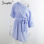 Simplee Fashion one shoulder striped dress shirt Sexy side split beach dress women Elegant half sleeve waistband OL girls dress