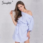 Simplee Fashion one shoulder striped dress shirt Sexy side split beach dress women Elegant half sleeve waistband OL girls dress