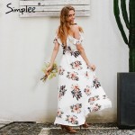 Simplee Floral print ruffles chiffon long dress Women strap v neck split beach summer dress Sexy backless maxi dresses vestidos