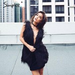 Simplee Fluffy black faux fur vest waistcoat Autumn winter sleeveless outerwear women coats Soft white hairy overcoat