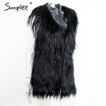 Simplee Fluffy black faux fur vest waistcoat Autumn winter sleeveless outerwear women coats Soft white hairy overcoat