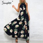 Simplee Halter chiffon beach summer dress Women floral print  new long dress Sexy 2017 backless split maxi dresses vestidos