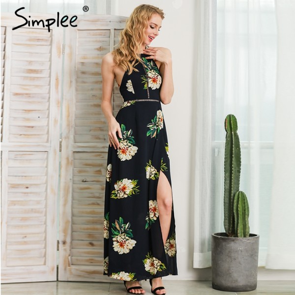 Simplee Halter chiffon beach summer dress Women floral print  new long dress Sexy 2017 backless split maxi dresses vestidos