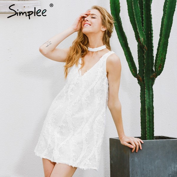 Simplee Halter white lace sequins summer dress Women sexy deep v neack sleeveless short dress Causal party club dress vestidos