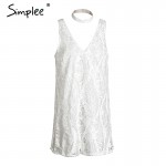 Simplee Halter white lace sequins summer dress Women sexy deep v neack sleeveless short dress Causal party club dress vestidos