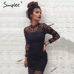 Simplee Hollow out white lace dress Women autumn winter long sleeve sexy dress Elegant evening party black dresses vestidos