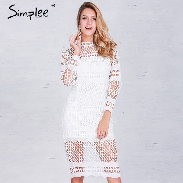 Simplee Hollow out white lace dress Women autumn winter long sleeve sexy dress Elegant evening party black dresses vestidos