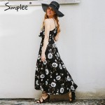 Simplee Navy floral print 2017 summer dress Women high split beach long dress Sexy halter backless maxi dress female vestidos