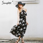 Simplee Navy floral print 2017 summer dress Women high split beach long dress Sexy halter backless maxi dress female vestidos