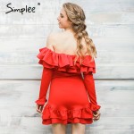 Simplee Off shoulder long sleeve women dress Ruffles vintage dress 2016 autumn winter Short bodycon sexy dress vestido de festa