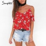 Simplee Ruffles floral print chiffon camisole women Sexy v neck cold shoulder straps tops Summer beach boho camis tops