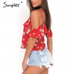 Simplee Ruffles floral print chiffon camisole women Sexy v neck cold shoulder straps tops Summer beach boho camis tops