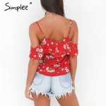 Simplee Ruffles floral print chiffon camisole women Sexy v neck cold shoulder straps tops Summer beach boho camis tops