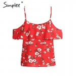 Simplee Ruffles floral print chiffon camisole women Sexy v neck cold shoulder straps tops Summer beach boho camis tops