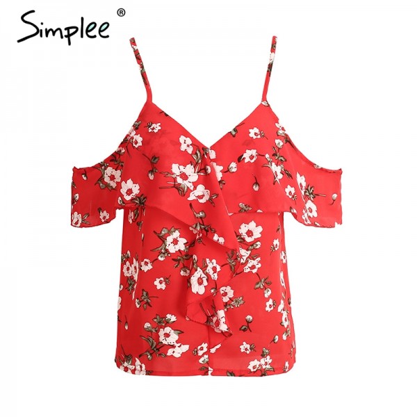 Simplee Ruffles floral print chiffon camisole women Sexy v neck cold shoulder straps tops Summer beach boho camis tops