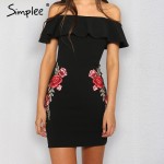 Simplee Sexy off shoulder ruffle women dress Flower embroidery bodycon summer dress Elegant black party short dress vestidos