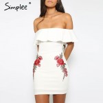 Simplee Sexy off shoulder ruffle women dress Flower embroidery bodycon summer dress Elegant black party short dress vestidos