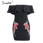 Simplee Sexy off shoulder ruffle women dress Flower embroidery bodycon summer dress Elegant black party short dress vestidos