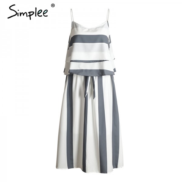 Simplee Sexy ruffle stripe chiffon two piece dress suit Casual beach soft sleeveless long dress Women vintage belt summer dress