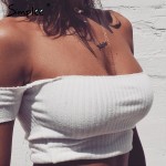 Simplee Sexy slash neck knitted top tees Women black short sleeve bustier crop top Party white tops tank slim female camisole