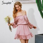 Simplee Short chifon vintage dress women Off shoulder long sleeve beach summer dress Ruffle sexy dress new year vestido de festa