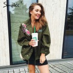 Simplee Unlined zipper basic jacket coat women jacket 2016 autumn winter 3d applique oversized casual outwear coats streetwear