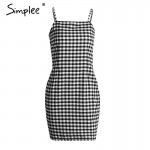 Simplee Vintage plaid sleeveless summer dress Women casual black bodycon  dress robe Sexy zipper beach short dress vestidos