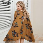 Simplee Vintage pleated boho women dress Sexy christmas hollow out loose dress 2016 Casual lantern sleeve floral short dress