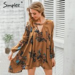 Simplee Vintage pleated boho women dress Sexy christmas hollow out loose dress 2016 Casual lantern sleeve floral short dress