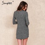 Simplee charcoal women winter knitted dresses Long sleeve v neck lace up sweater dress Casual bodycon dress vestidos