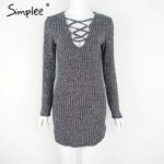 Simplee charcoal women winter knitted dresses Long sleeve v neck lace up sweater dress Casual bodycon dress vestidos