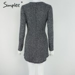 Simplee charcoal women winter knitted dresses Long sleeve v neck lace up sweater dress Casual bodycon dress vestidos