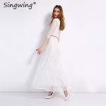 Singwing Women Lace Long style Dresses Hollow Out Casual Dress Summer Leisure Slim Dress with Belt