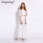 Singwing Women Lace Long style Dresses Hollow Out Casual Dress Summer Leisure Slim Dress with Belt