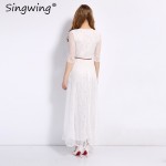 Singwing Women Lace Long style Dresses Hollow Out Casual Dress Summer Leisure Slim Dress with Belt