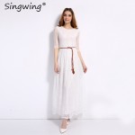 Singwing Women Lace Long style Dresses Hollow Out Casual Dress Summer Leisure Slim Dress with Belt