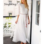 Singwing Women Lace Long style Dresses Hollow Out Casual Dress Summer Leisure Slim Dress with Belt