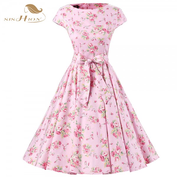 Sishion Elegant Floral Dress A Line Audrey Hepburn robe Retro Swing Casual 50s Retro Rockabilly Vintage Dresses Vestidos VD0257